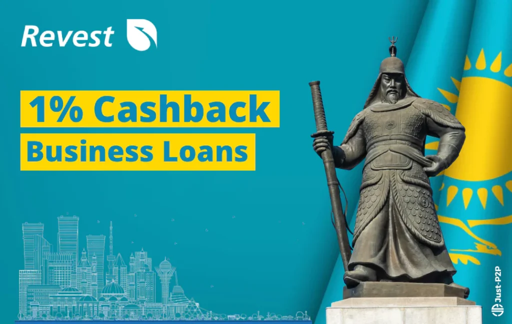 Revest thumbnail: 1% cashback on business loans, statue of a Kazakh warrior in front of the flag of Kazakhstan, Just-P2P logo