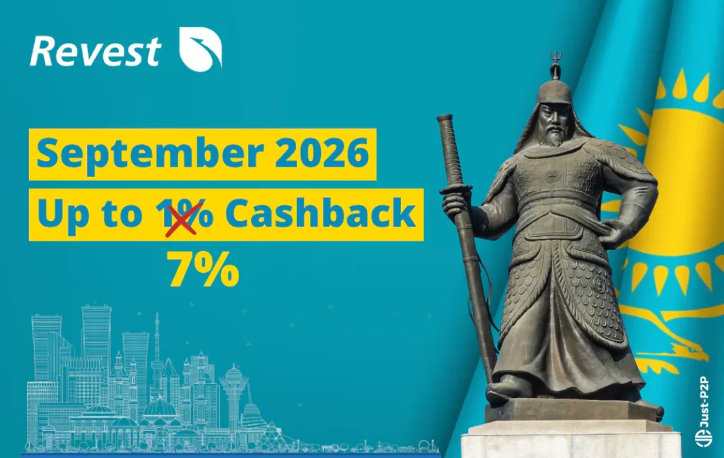 Revest 90-day welcome cashback offer over a statue of a Kazakh warrior and the flag of Kazakhstan