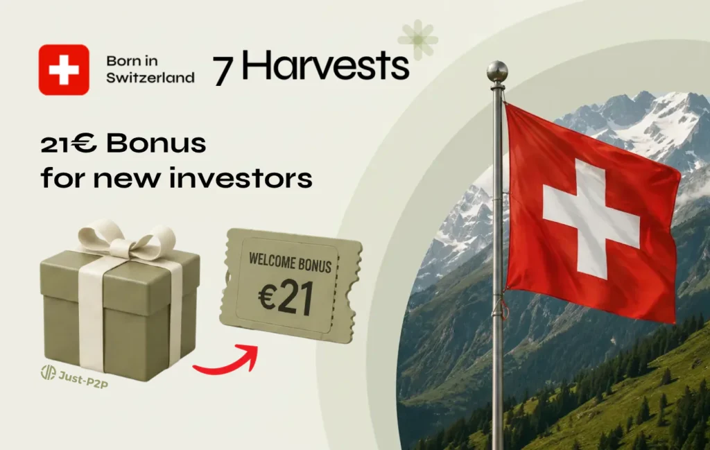 Illustration for 7Harvests referral on the blog showing a gift box, a 21 euros ticket, Swiss flags and mountains.