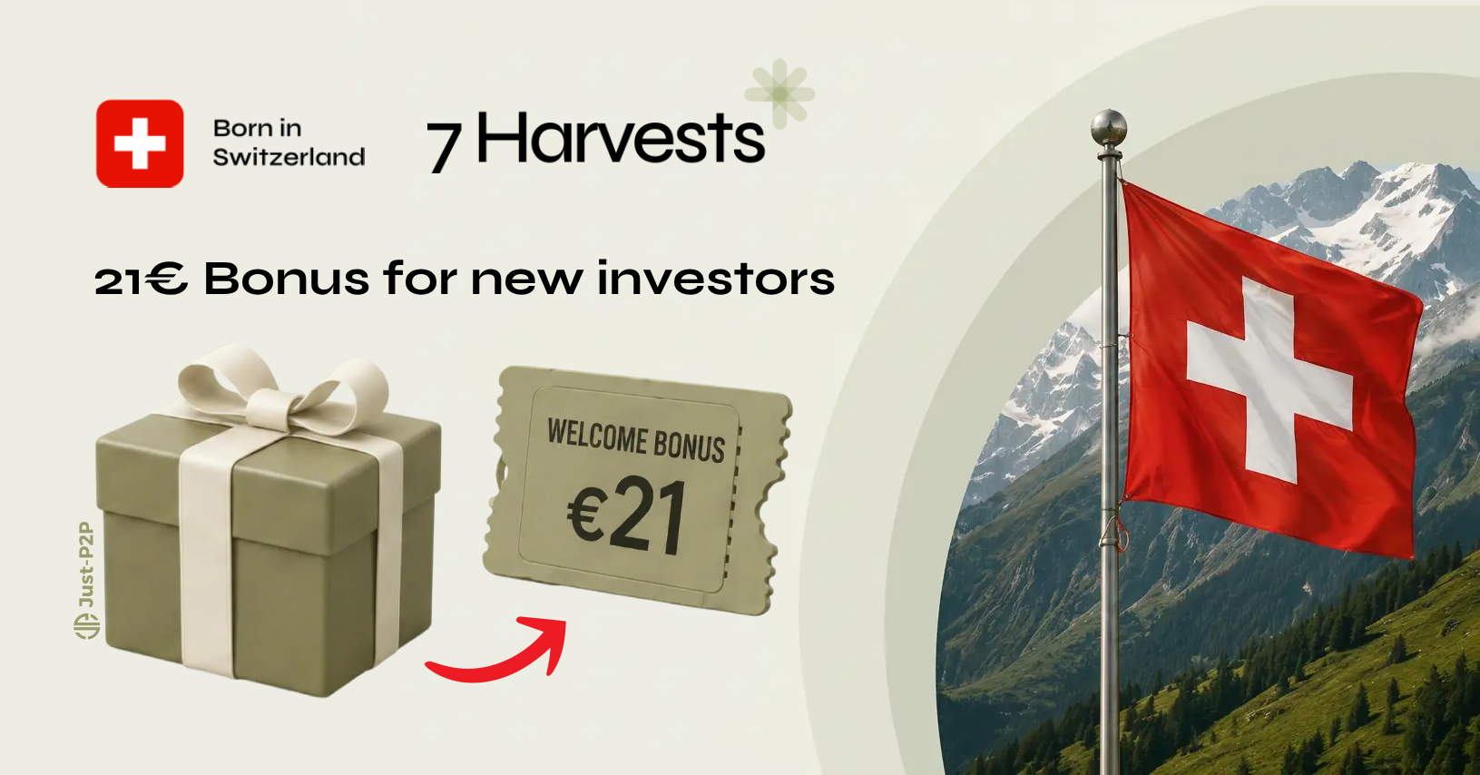 Illustration for 7Harvests referral showing a gift box, a 21 euros ticket, Swiss flags and mountains.