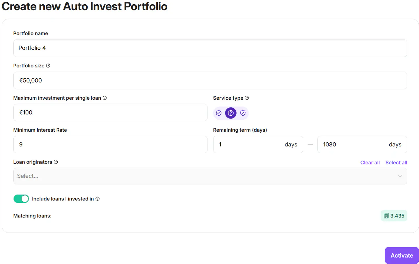 Form to create an Auto-invest portfolio on Lendermarket