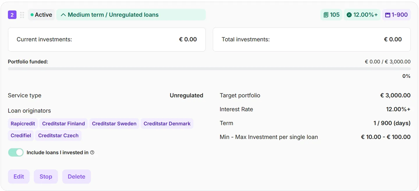 Parameters and actions of an Auto-invest portfolio on Lendermarket