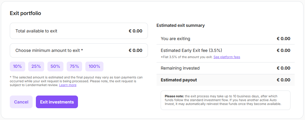 Exit screen of an Auto-invest FLEX portfolio on Lendermarket