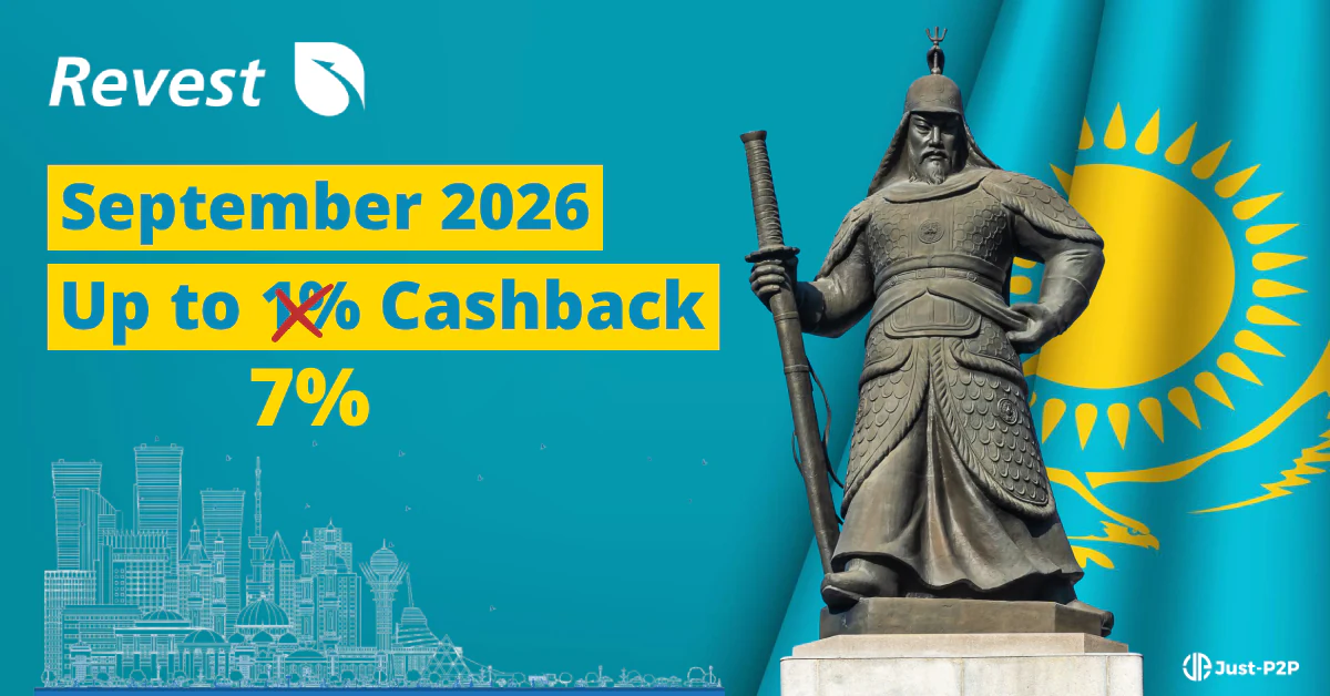 Revest 90-day welcome cashback offer over a statue of a Kazakh warrior and the flag of Kazakhstan