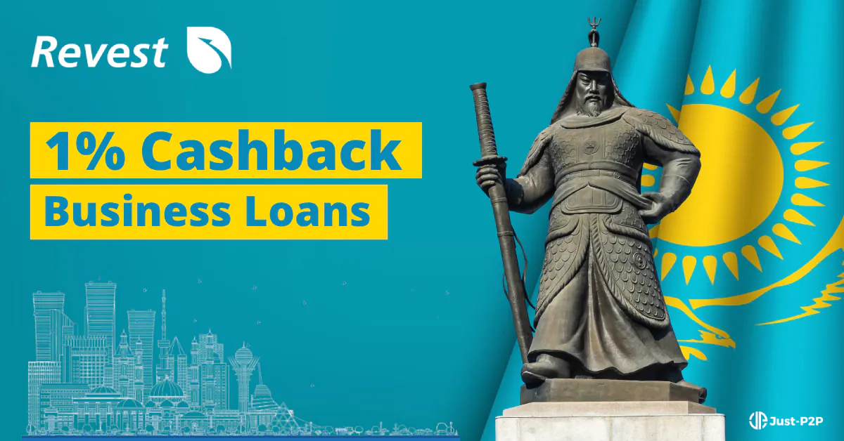 Revest thumbnail: 1% cashback on business loans, statue of a Kazakh warrior in front of the flag of Kazakhstan, Just-P2P logo